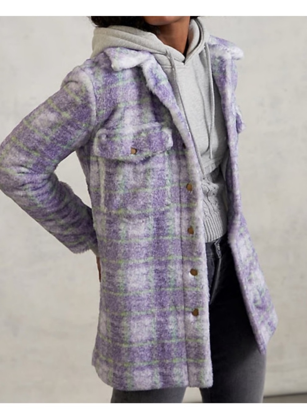 anthropologie s Hutch Purple and Green Faux-Fur Plaid Jacket
